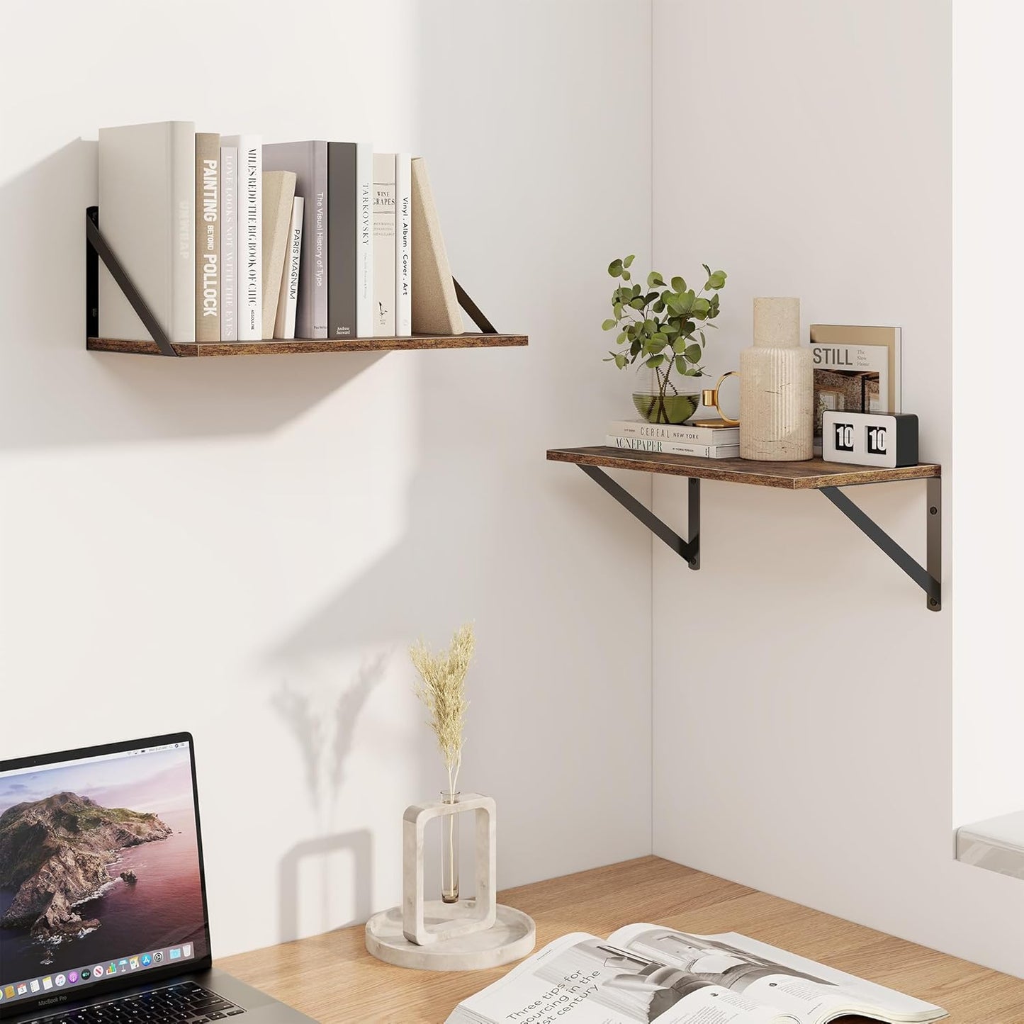 Heimlove Deep Floating Shelves for Wall, 16W x 8D Wood Wall Shelves Set of 2, Wide Floating Bookshelf for Living Room, Kitchen, Office, Bedroom and Decor Storage, with Metal Bracket - Rustic Brown