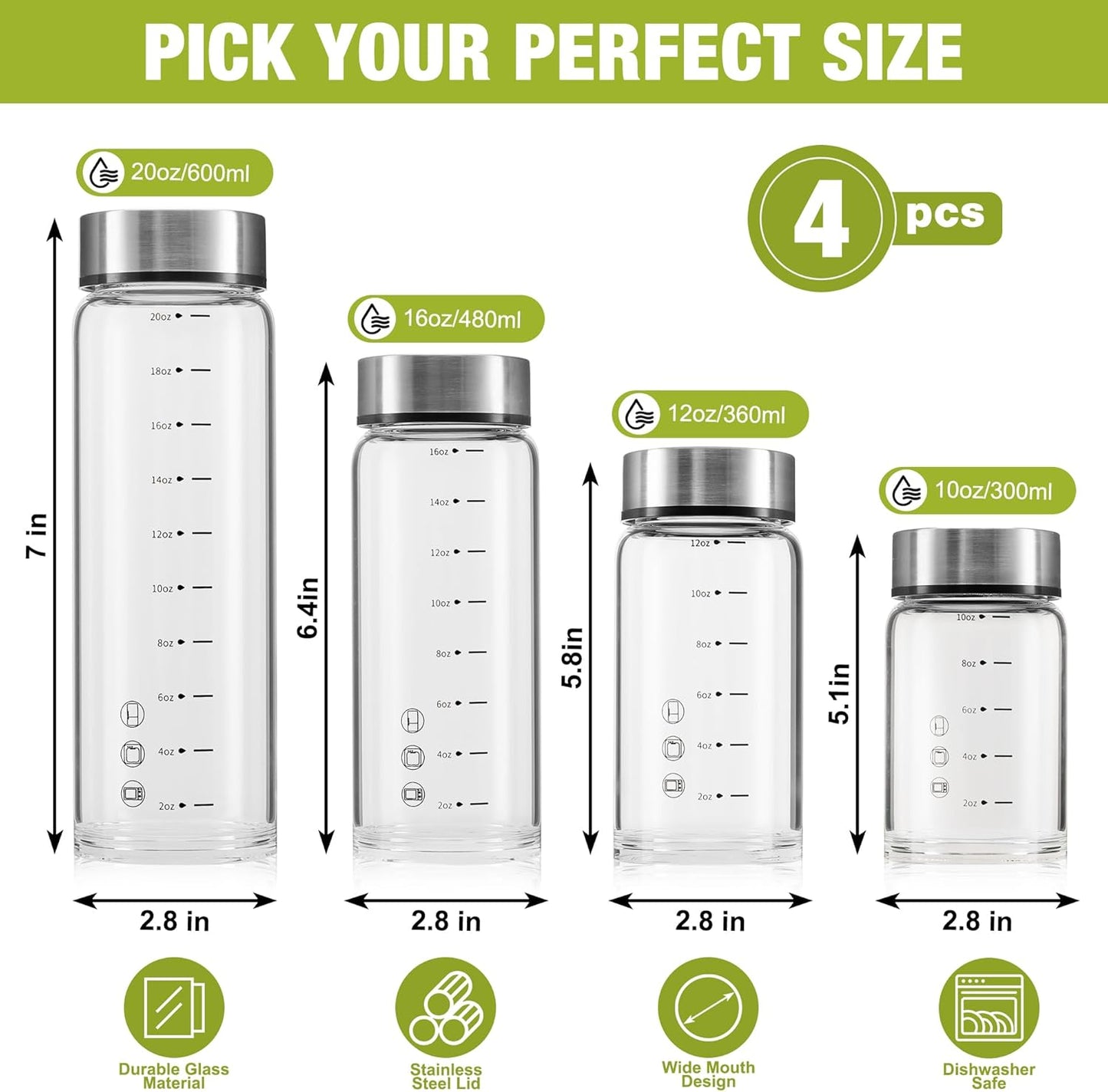 16oz Glass Juice Bottles – 4 Pack Reusable Wide Mouth Bottles with Stainless Steel Lids & Cleaning Brush, BPA-Free Water Bottles for Juicing, Smoothies, Milk, and Protein (480ml)