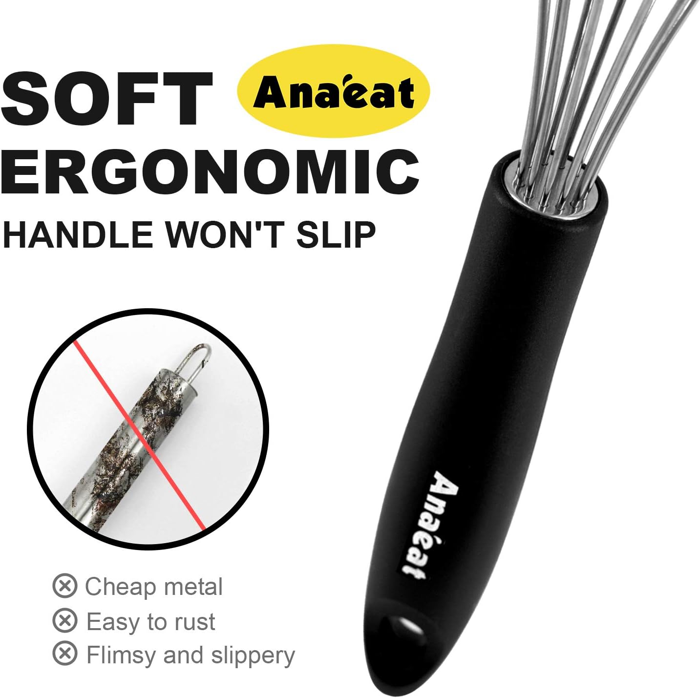 Anaeat Stainless Steel Kitchen Whisk Set of 4, Milk and Egg Beater Blender with Thick Wire for Whisking, Cooking, Baking, Beating and Stirring - 11'' Flat Whisk and 8.5''+10.5''+12'' Balloon Whisks