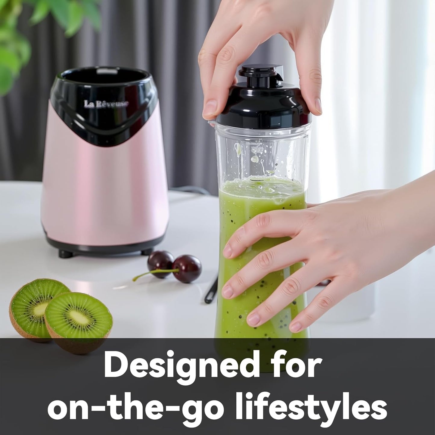 La Reveuse Smoothies Blender Personal Size 300 Watts with 18 oz BPA-Free Portable Travel Sports Bottle (Pink)