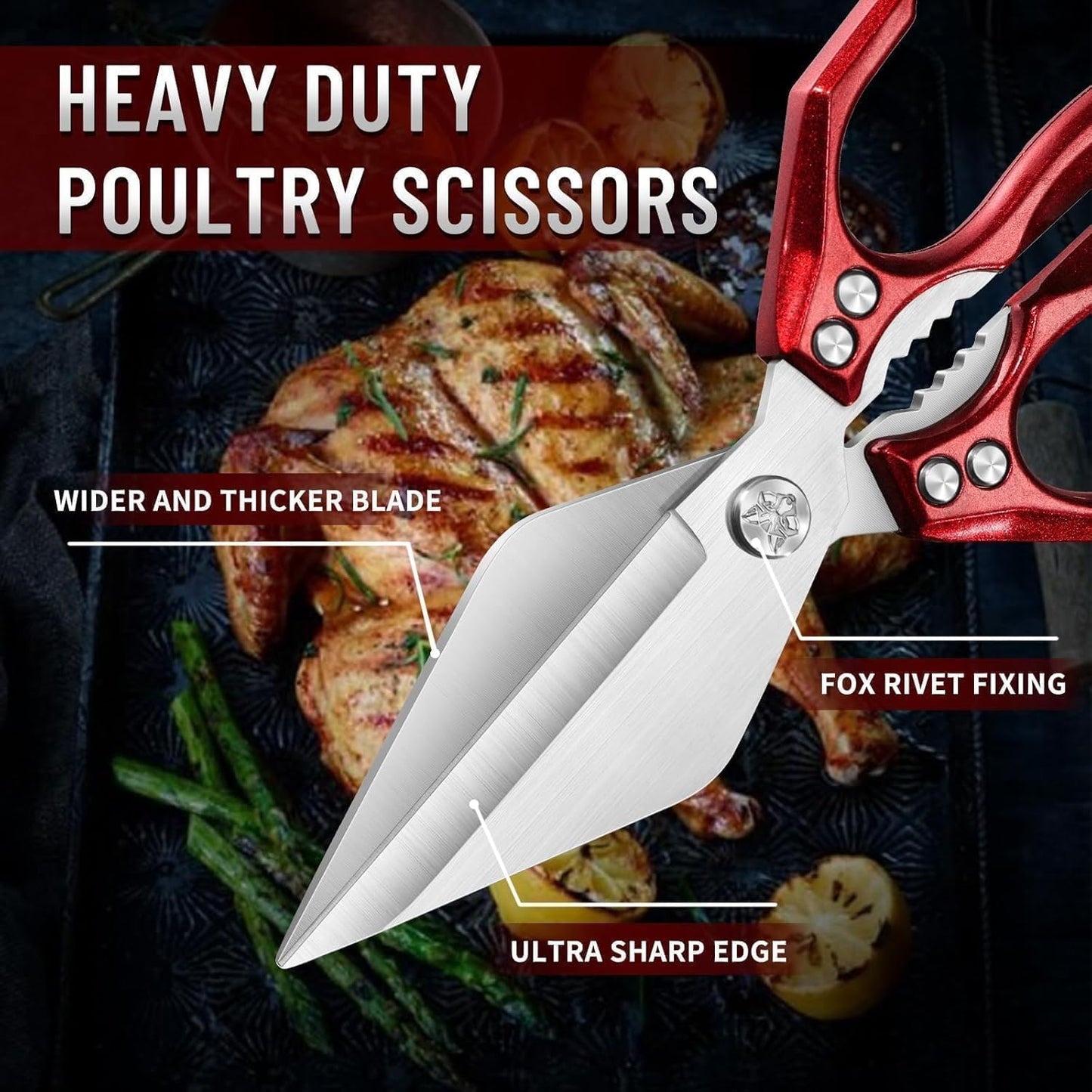 Dream Reach Poultry Shears - Heavy Duty Kitchen Scissors for Food with Ergonomic Handle, Japanese High-Carbon Steel Culinary Shears for Chicken, Meat, Seafood, Bone Cutting, Gift Box Included (Red)