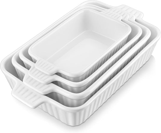 MALACASA Casserole Dishes for Oven, Porcelain Baking Dishes, Ceramic Bakeware Sets of 4, Rectangular Lasagna Pans Deep with Handles for Baking Cake Kitchen, White (9.4"/11.1"/12.2"/14.7"), Series