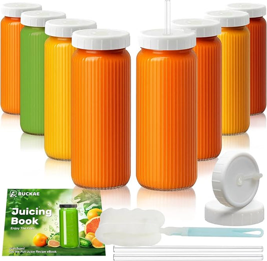 Ruckae 16oz Juice Bottles,Ribbed Glass Juicing Bottles with Lids,Smoothie Cup Lids and Straws,Water Bottle Mason Jar Drinking Glasses for Juicing,Smoothies,Kombucha (Clear-8 pack)