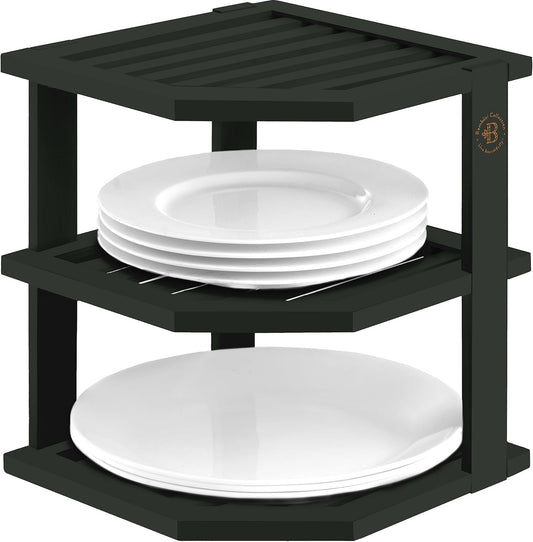 Cabinet Organizer Shelf - Bamboo Corner Rack for Kitchen Counter, Cabinet Space Saver for Plates, Dishes, Bowls, Bread Pantry, Bathroom Storage or Countertop Stand, Black