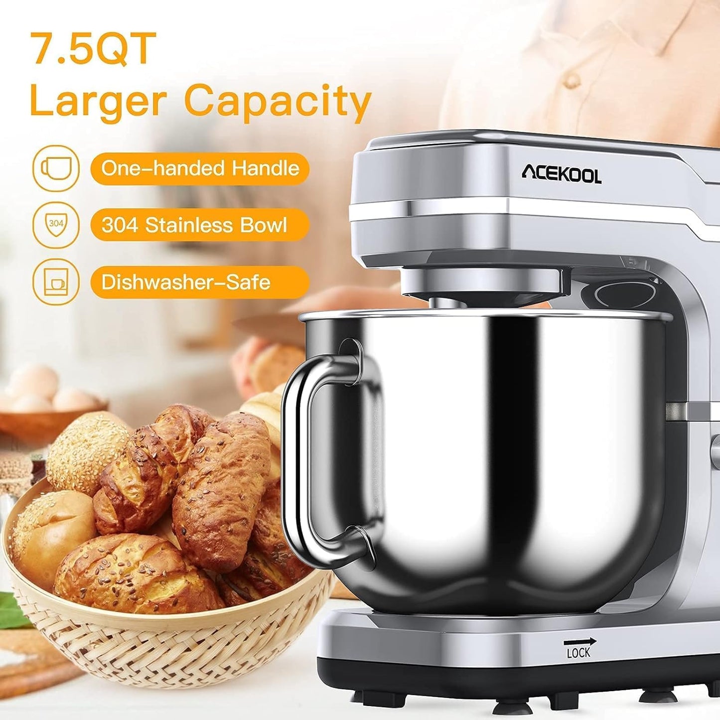 Garvee 7.5QT Stand Food Mixer, 10-Speed Tilt Head 3-IN-1 Kitchen Electric Mixer with Stainless Steel Bowl, Egg Whisk, Dough Hook, Beater, Splash Guard, Compact Dough Mixer for Home Cooks, Silver