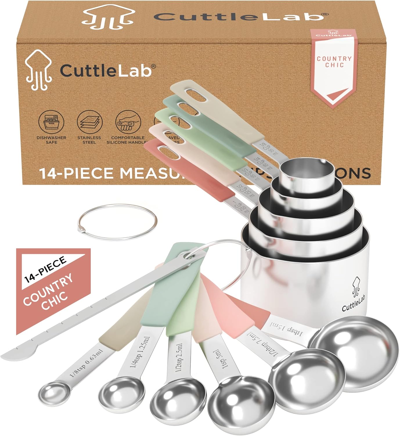 Measuring Cups and Measuring Spoons Set of 14 - Stainless Steel Measuring Cups and Spoons Set, Includes 1/8 Teaspoon Measuring Spoon, 1/8 Cup Measuring Cup, Leveler Dry (14, Country Chic)