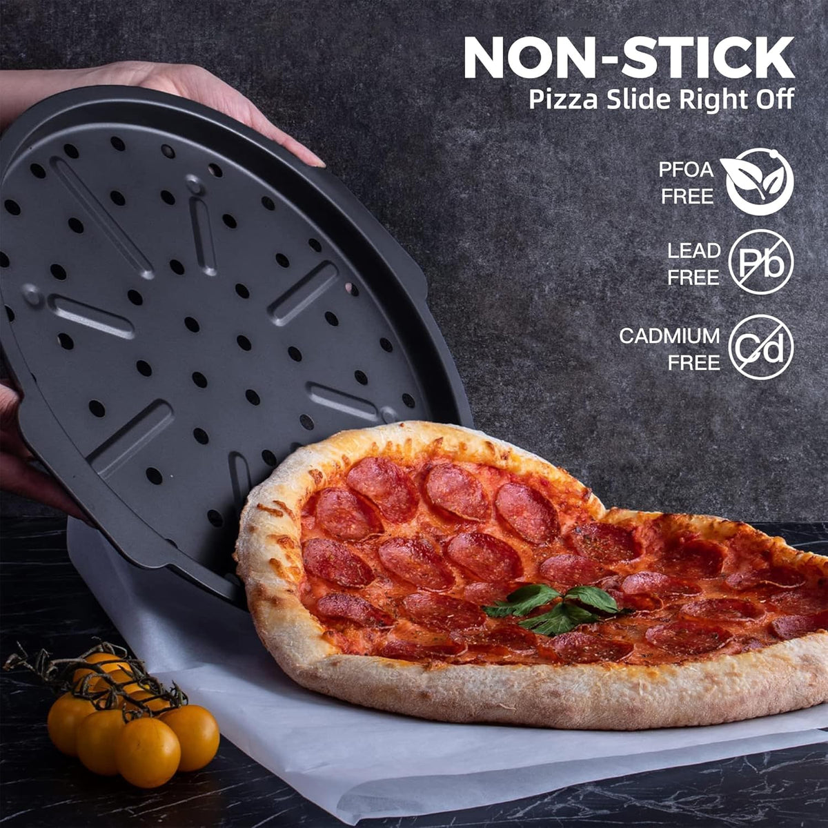 HONGBAKE 2 Pack Pizza Pan with Holes 12 Inch, Nonstick Pizza Tray for Oven with Widen Handles, Hot Air Pizza Crisper Tin, Round Baking Sheet for Frozen & Homemade Pizza, Grey