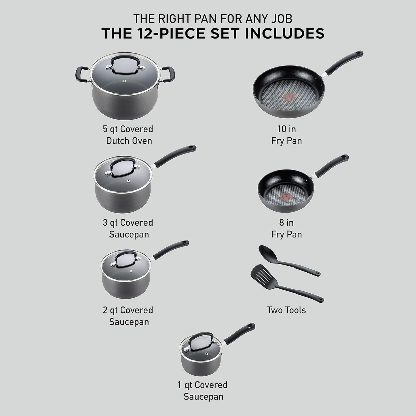 T-fal Ultimate Hard Anodized Nonstick Cookware Set 12 Piece, Oven Broiler Safe 400F, Lid Safe 350F, Kitchen Cooking Set w/Fry Pans, Saucepans, Dutch Oven, Pots and Pans, Dishwasher Safe, Black