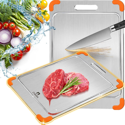 100% Pure Titanium Cutting Board with Grooves, Update Double Side Titanium Chopping Board, Silicone Anti-slip Stainless Cutting Boards for Kitchen 8 * 12 IN, Orange