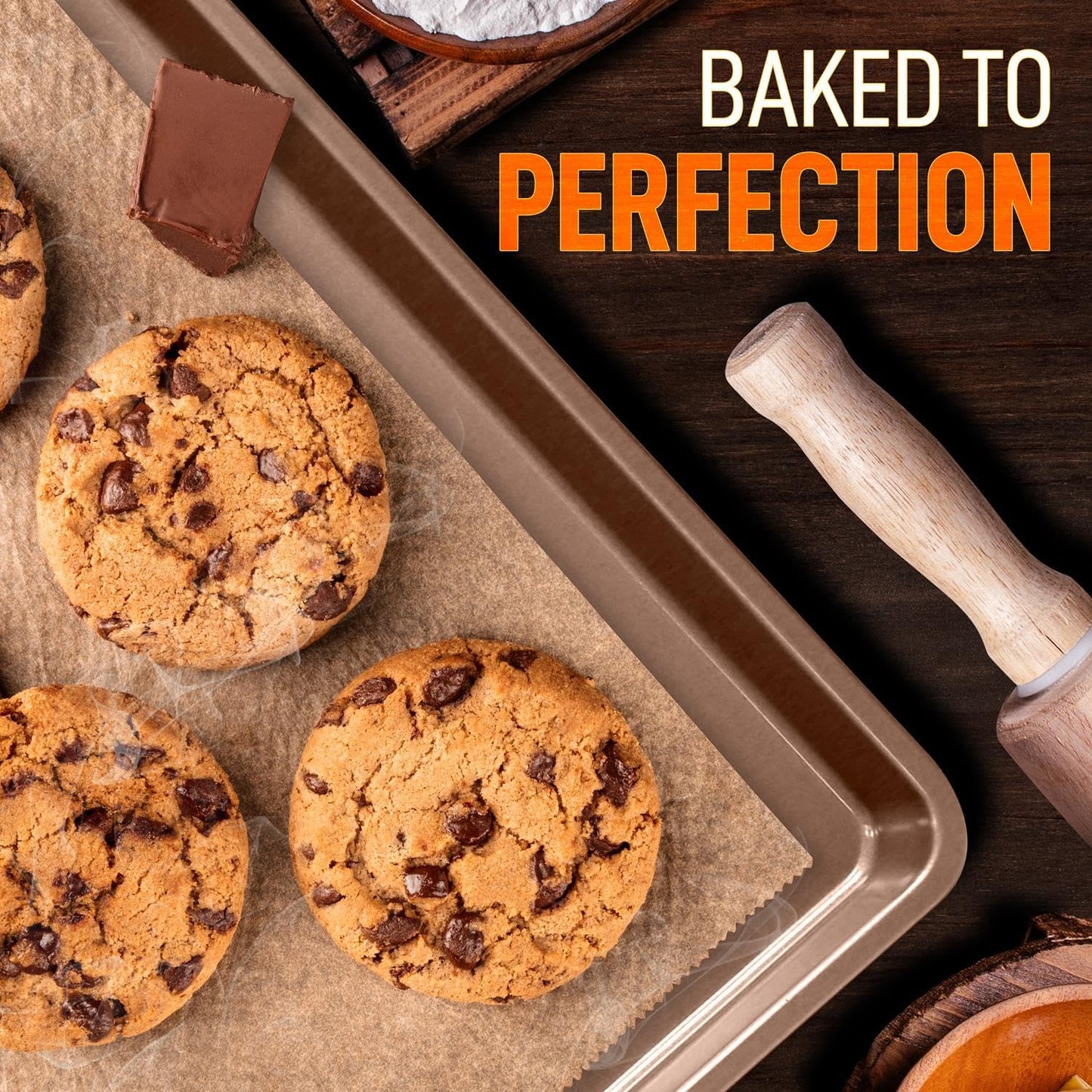 NutriChef 3-Piece Nonstick Baking Pans Set - Thick Carbon Steel Oven Bake Trays - Includes XL, Medium, & Small Sizes - Versatile Cookie Sheets for Baking & Roasting, Dishwasher Safe - Gold