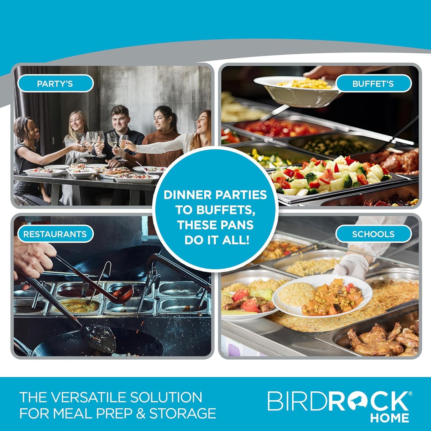 BIRDROCK HOME Stainless Steel Steam Table Pan - Hotel, Restaurant & Catering Supplies - 24 Gauge Steel, 2.6 qt Capacity - Meal Prep, Cooking, & Food Storage Container - 6" Depth, 1/6-Size (6 Pack)