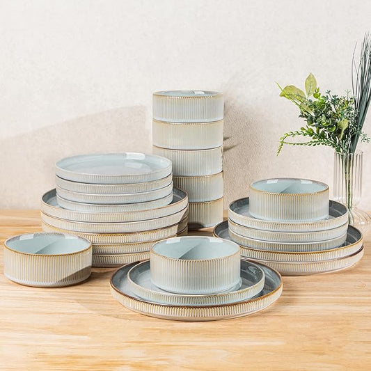 TheTerra Ceramic Dinnerware Sets for 8, 24 Pieces Porcelain Lightweight Plates and Bowls Sets, Scratch Resistant Dish Set, Oven & Microwave & Dishwasher Safe, Illusion Blue