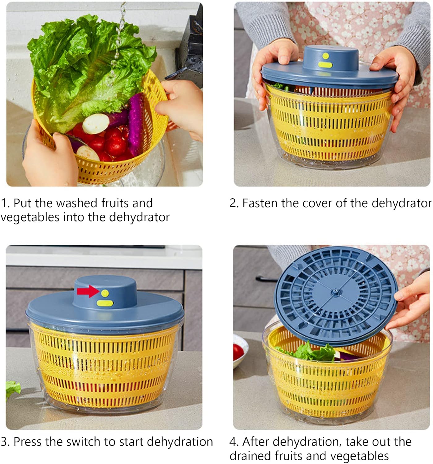 Electric Salad Spinner, 4L Lettuce Spinner Large Capacity USB Chargeble Fruit Vegetable Washer Dryer for Home Kitchen (Blue)