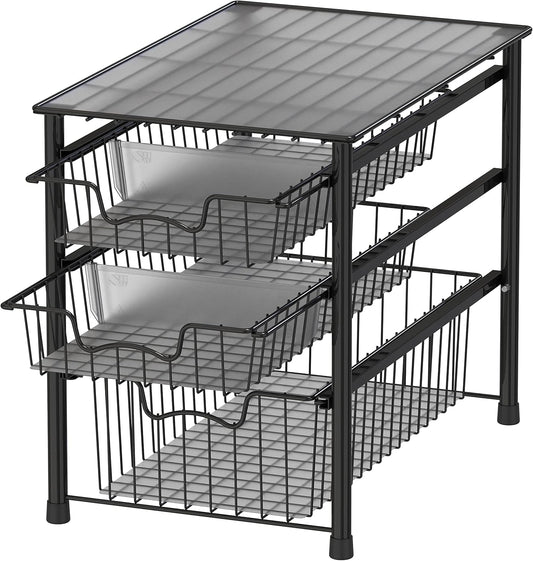 Simple Houseware 3-Tier Stackable Sliding Basket Storage Organizer Drawer for Bathroom and Kitchen, Black