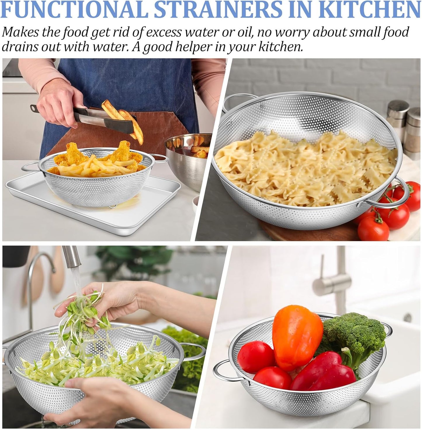 TeamFar Colander Set of 3, Stainless Steel Perforated Metal Colander Strainer with Handles for Spaghetti, Pasta, Berry, Rust Free & Dishwasher Safe - 1/3/5-quart