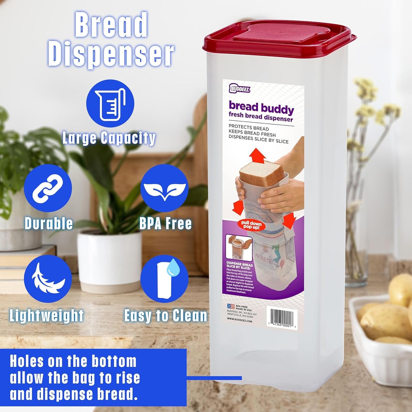 Buddeez Bread Buddy Bread Box – Keeps Bread Loaves Fresh - Red Lid, Pack of 1