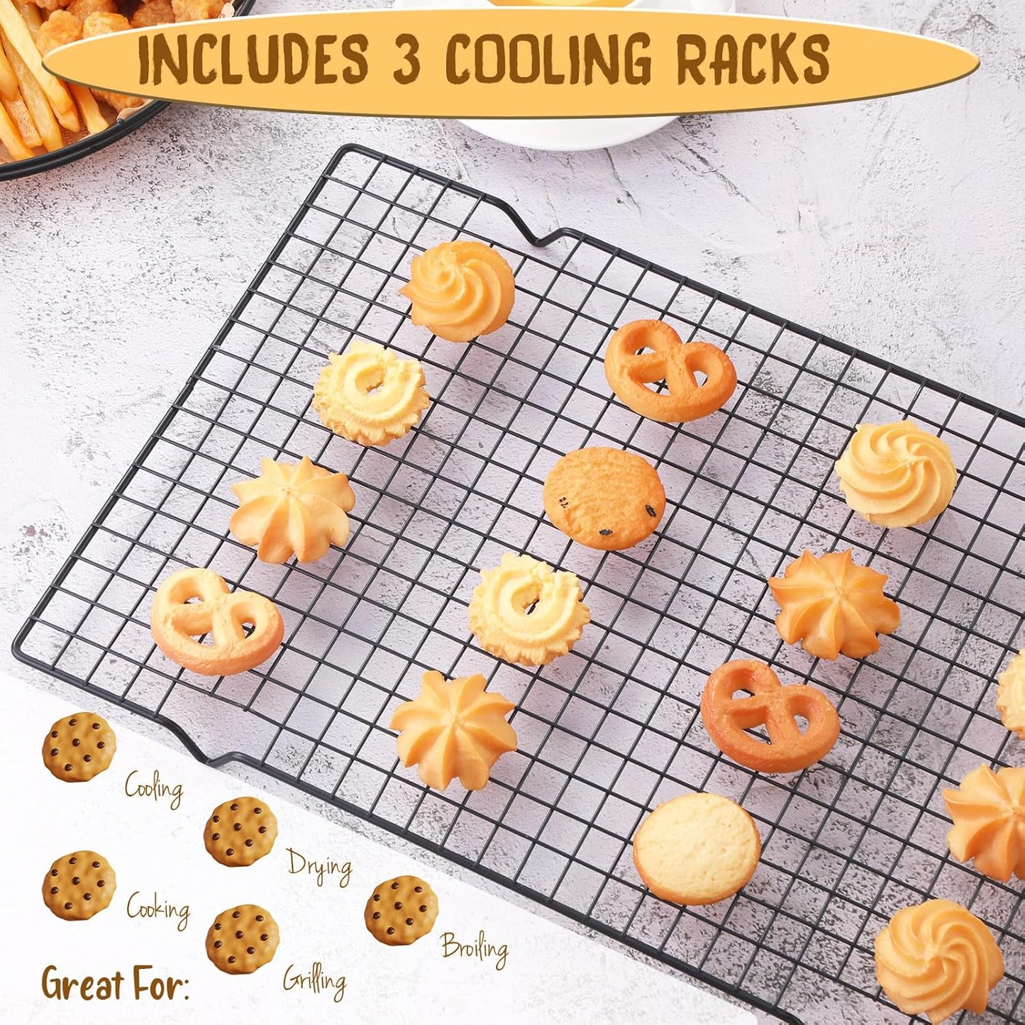 Harloon 3 Pieces Cooling Racks for Cooking and Baking Oven Safe Grid Wire Set Heavy Duty Carbon Steel Nonstick Baking Rack for Roasting Cooking Grilling Drying (16 x 9.8 Inch)