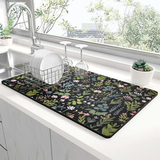 Rnivvi Dish Drying Mat for Kitchen Counter, 12 x 19" Cute Flower Theme Super Absorbent Draining Pad, Non-Slip Heat Resistant Coffee Bar Mat for Coffee Machine Station Accessories, Black Dish Rack Pad