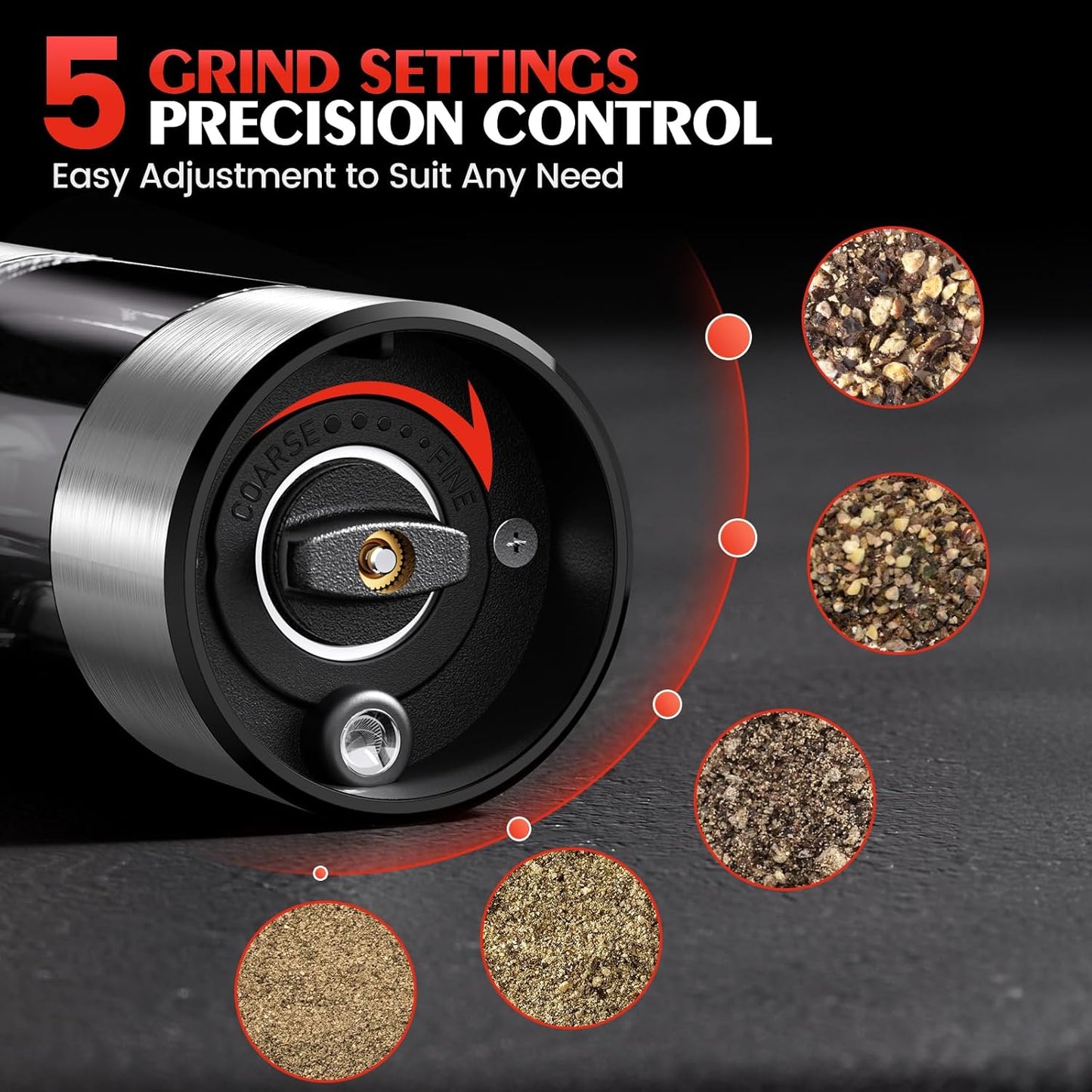 Stainless Steel Electric Salt and Pepper Grinder Set-One-Touch Battery Operated Mill with Adjustable Coarseness & LED Light, Sleek & Durable Grinder for Kitchen New Home Gift Ideas (2 Pack)