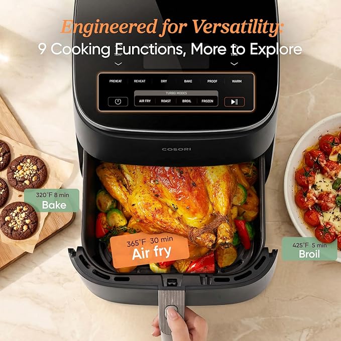 Cosori 9-in-1 TurboBlaze Air Fryer 6 Qt, Premium Ceramic Coating, 90°–450°F, Precise Heating for Even Results, Air Fry, Roast, Bake, Broil, Dry, Frozen, Proof, Reheat, Keep Warm, 120V, Dark Gray