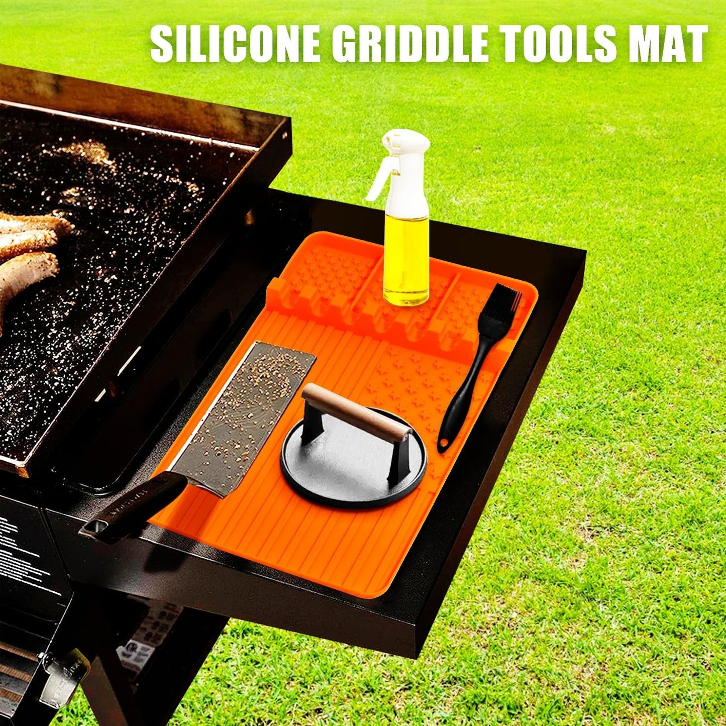 2 PCS Silicone Griddle Tools Mat for Blackstone,Grill BBQ Caddy Utensils Holder for Kitchen,Cooking & Countertop,Large Spatula Mat with Drip Pad,Griddle Accessories for Blackstone (Orange-2)