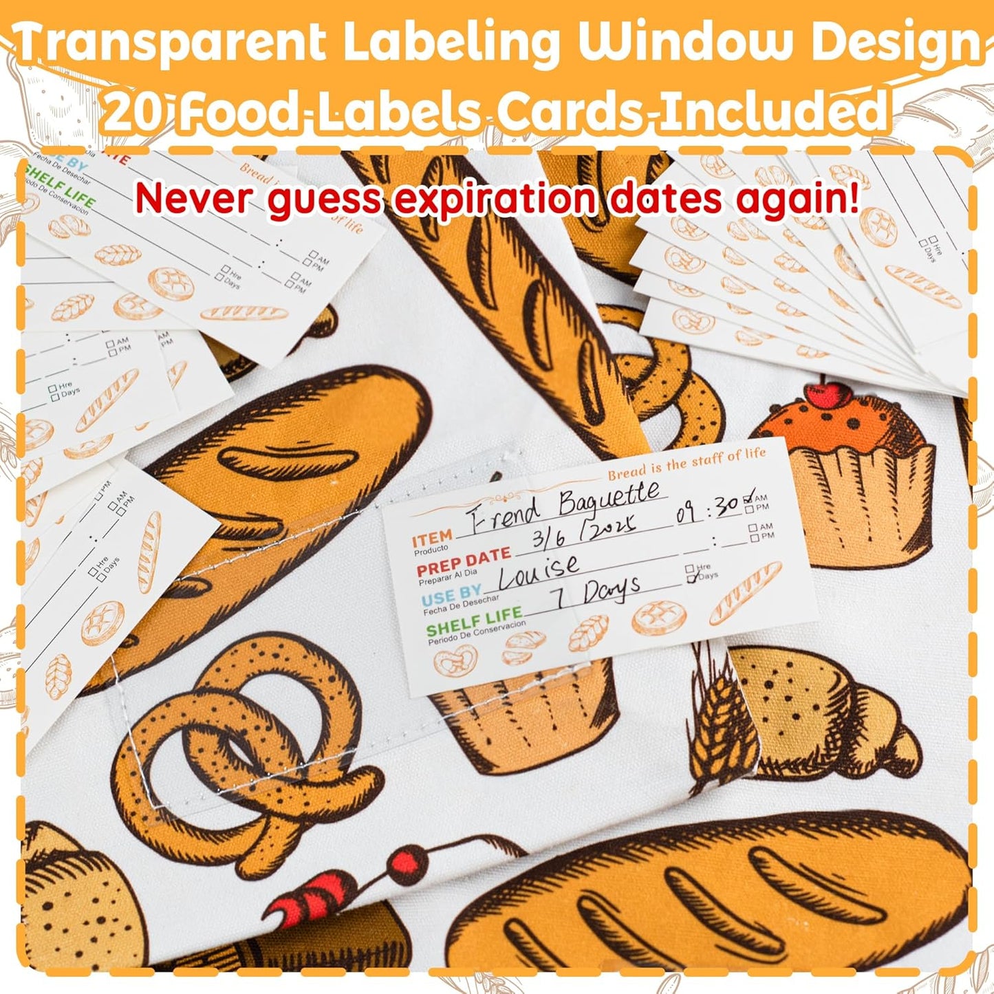 Reusable Beeswax Bread Bag for Homemade Bread & Sourdough Loaf, Fridge-Safe Storage Container with Dual-Zip Freshness Lock & Food Lables Note Dates on, Natural Cotton and Beeswax Lining Keep Fresh