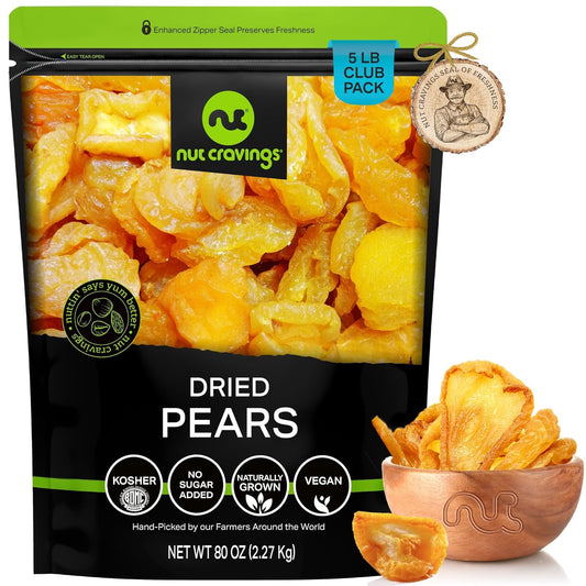 NUT CRAVINGS - Sun Dried California Pears, No Sugar Added (80oz, 5 LB, Bulk) Bulk Dry Fruits Packed Fresh in Resealable Bag - Sweet Healthy Snack, Naturally Grown, Vegan, Kosher