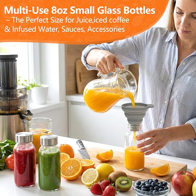 8 oz Glass Water Bottles with Lids, 10 Pack Small Glass Juice Bottles with Stainless Steel Caps & Funnel, Leak-Proof Containers for Juicing, Milk, Ginger Shots, Smoothies, Wellness Drinks