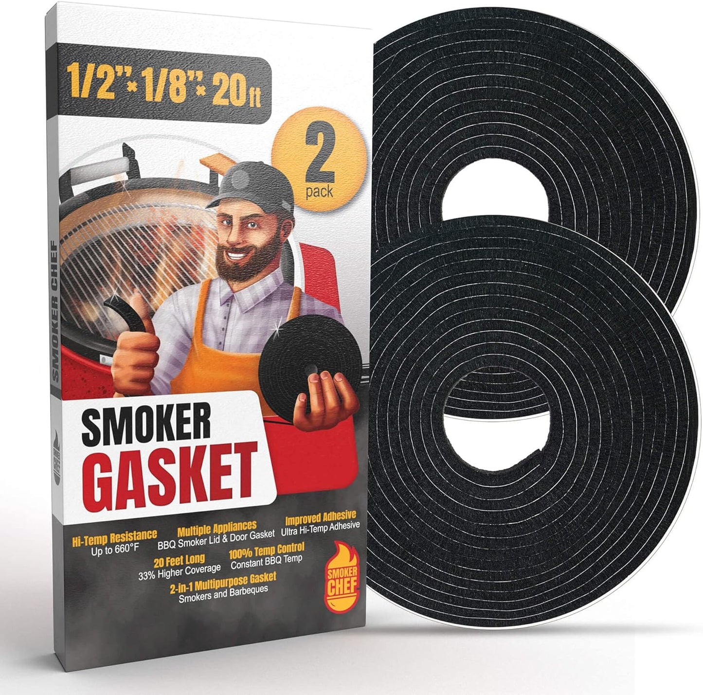 XXL 20 FT Grill Gasket for Smokers - Black 1/2’’ x 1/8’’ Hi Temp Seal Smoker Gasket – 2-Pack x 10 FT Self Stick Black Nomex Fire Tape for BBQ Lid – High Heat Temperature Material Replace