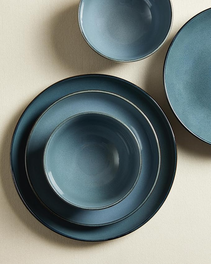 24 Piece Dinnerware Set for 8, Santorini Mist Terracotta Plates and Bowls Sets, Complete Stoneware Dish Set for Large Families and Entertaining, Microwave & Dishwasher Safe, Jeans Blue