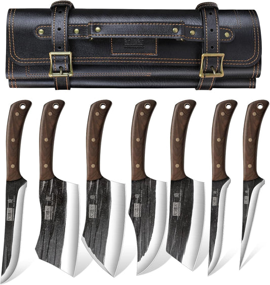 HOSHANHO Butcher Knife Set, Hand Forged Butcher Chef Knife Set with Roll Bag, Sharp Meat Cleaver Knife & Bone Chopper Knives & Fillet Knives for Home & Camping & BBQ Gift for Men