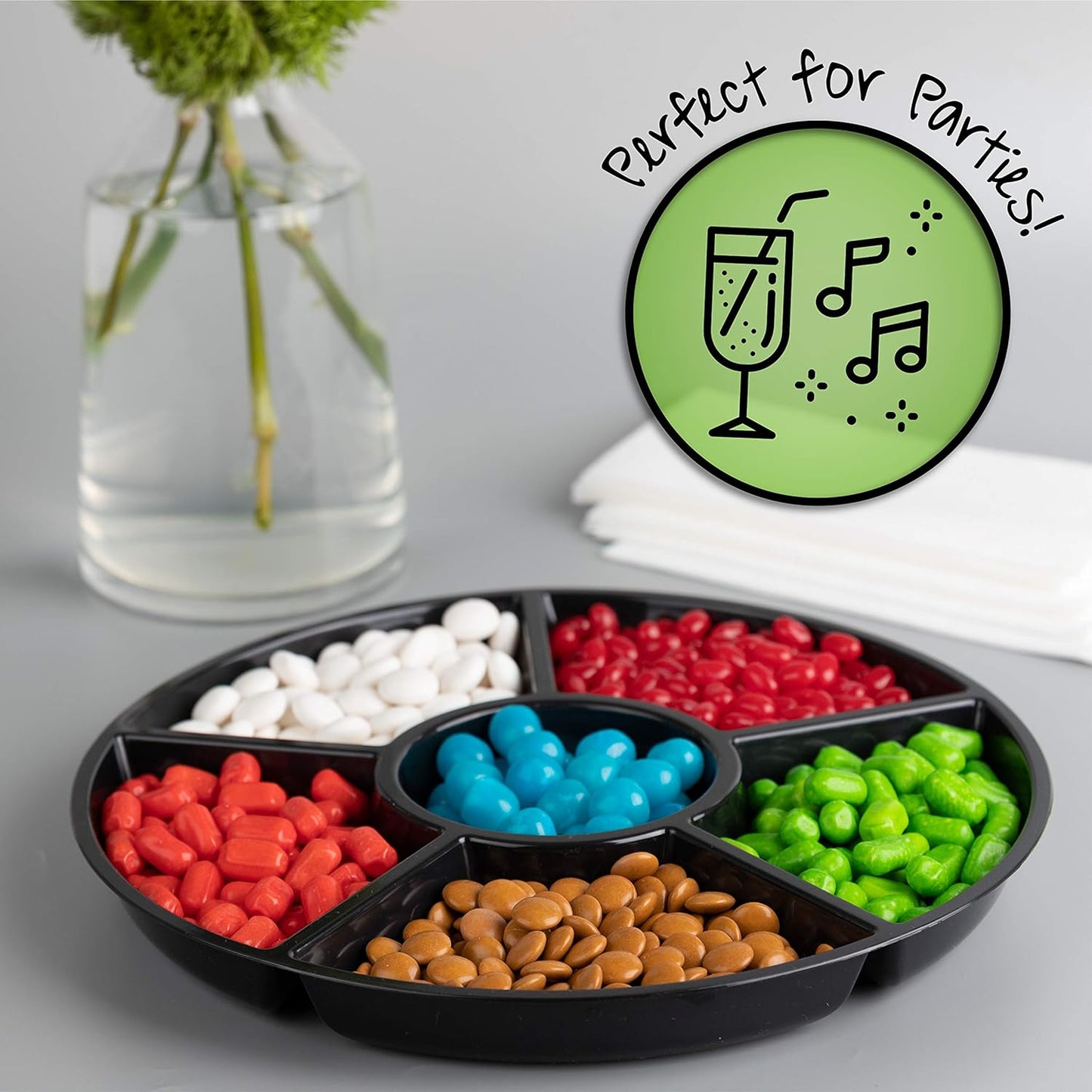 Plasticpro 6 Sectional Round Plastic Serving Tray/Platter (4, Black)