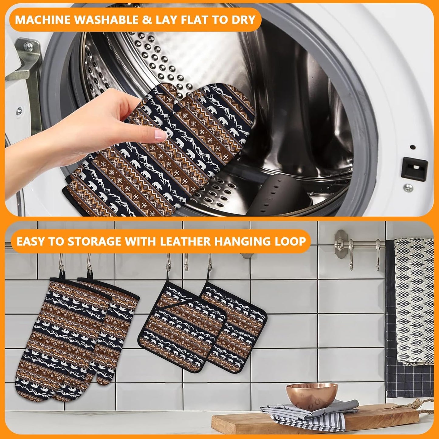 Vintage Rustic Bear Oven Mitts and Pot Holders Sets 4Pcs,Extra Long Oven Gloves Potholder for Kitchen Cooking Baking BBQ 100% Cotton Heat Resistant