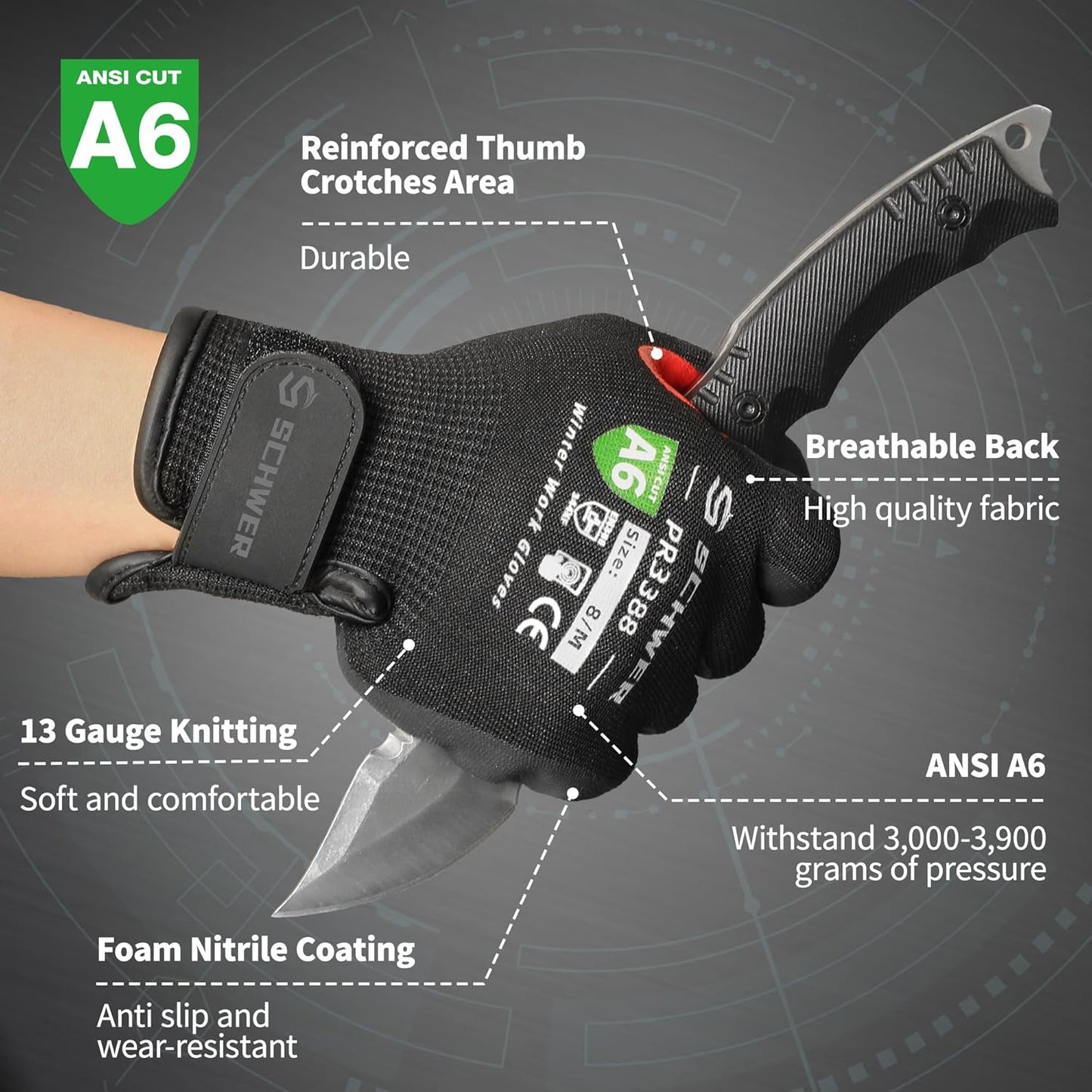 FreezeGuard Winter Work Gloves for Men and Women, ANSI A6 Cut Resistant Gloves With Super Grip, Freezer Glove for Work, Touchscreen, Thermal Insulated, PR3388, Non PFAS, Black Knight (XXL, 1 Pair)