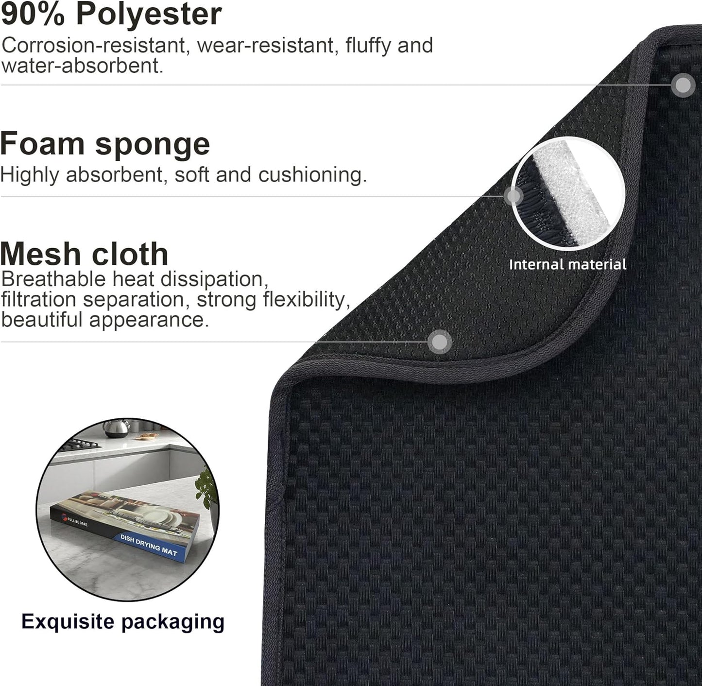 Black Dish Drying Mats 20" x 15", XL Kitchen Drying Mat for Counter, Microfiber Dish Dryer Mat, Microfiber Dish Rack Mat, Foldable Dish Drying Pad for Dishes, Pots, Pans (Black)