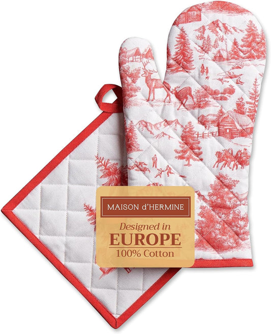 Maison d' Hermine 100% Cotton Oven Mitt & Pot Holder Set (7.5"x13" & 8"x8") Heat Resistant BBQ Cooking Gloves with Loop, Baking, Grilling, Kitchen, Handling Hot Pans (Winter Jouy)