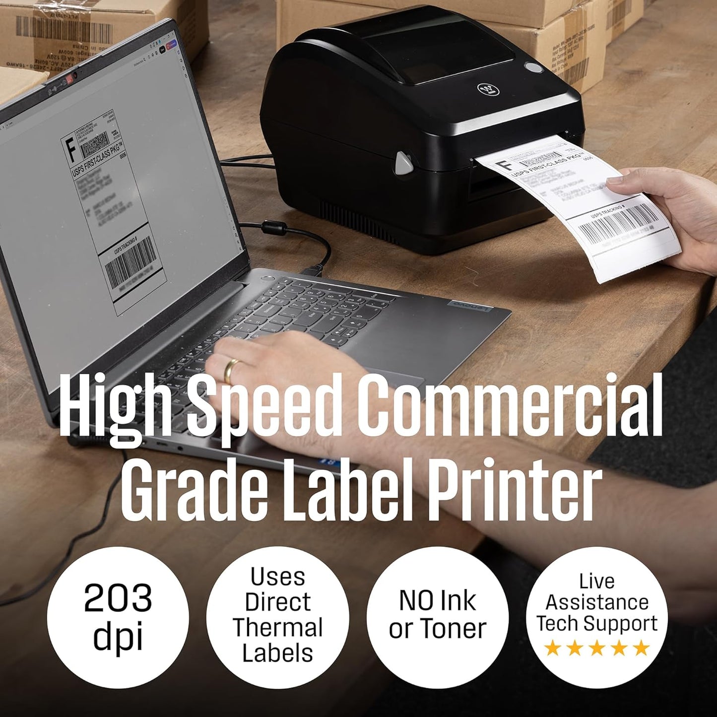 Westinghouse Thermal Shipping Label Printer USB, 4x6 Label Commercial Grade, Compatible with USPS, UPS, FedEx, eBay, Shopify, Amazon, & More, Desktop Label Printer for Packages, Includes Sample Labels