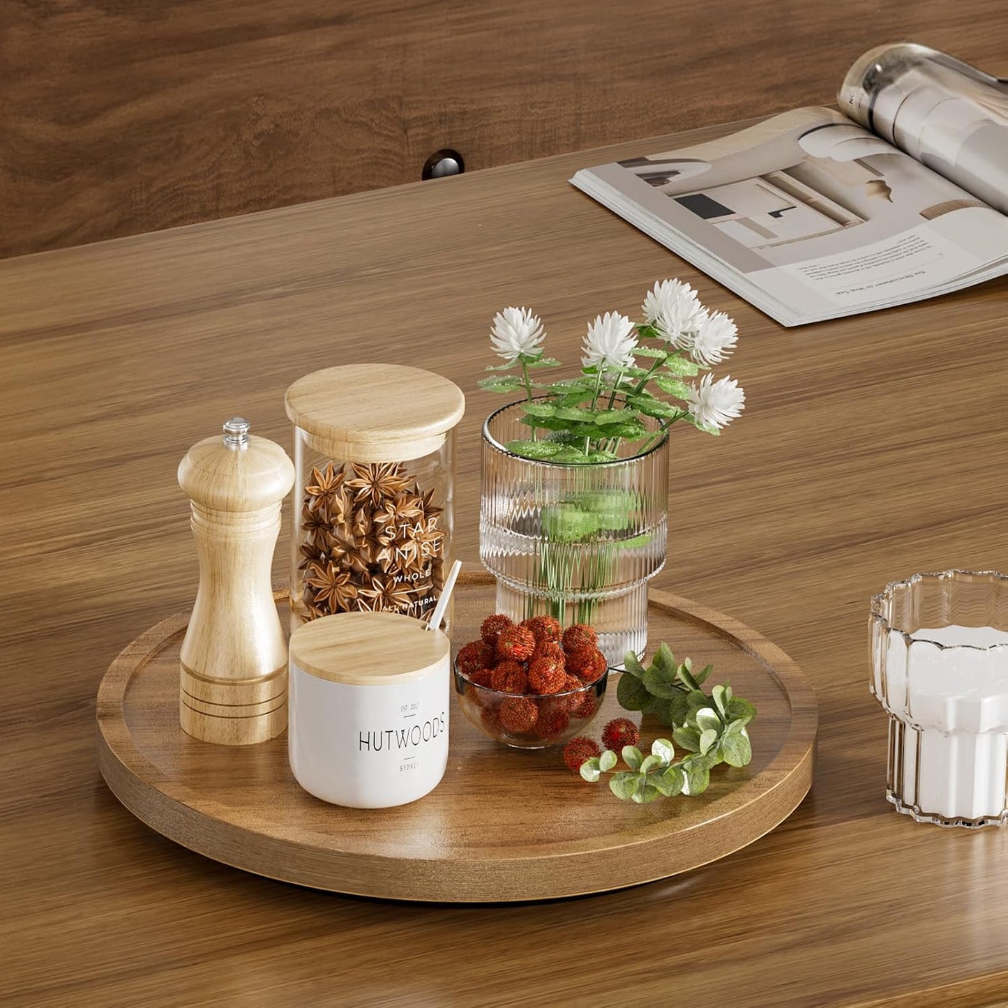 LAMU 12'' Acacia Wood Lazy Susan Organizer for Table Top, Lazy Susan Turntable for Cabinet, Kitchen, Countertop, Pantry Organization