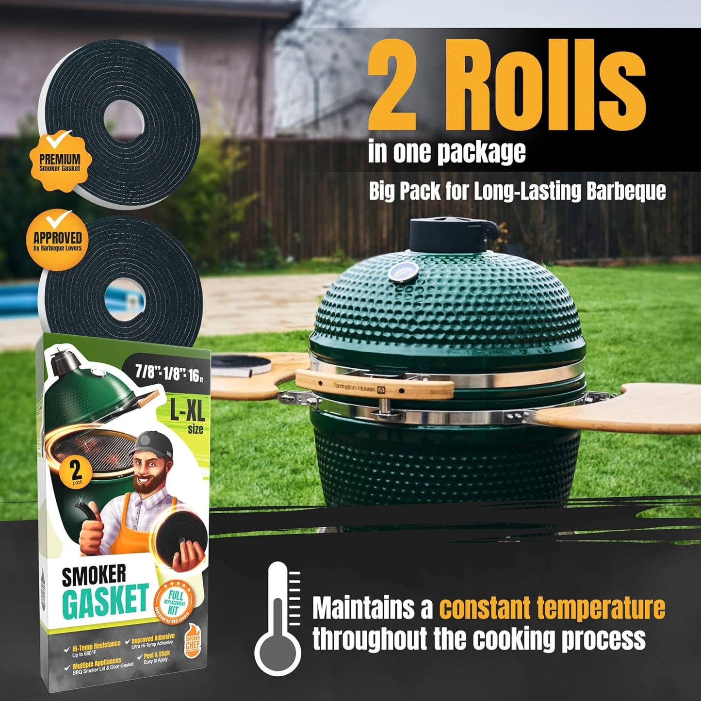 Gasket for Big Green Egg Large/XL/XXL - 2-Pack x 8 FT Smoker Gasket Seal - BGE Gasket 7/8" x 1/8" Felt - Compatible with Big Green Egg - Accessories & Parts for Grill by Smoker Chef