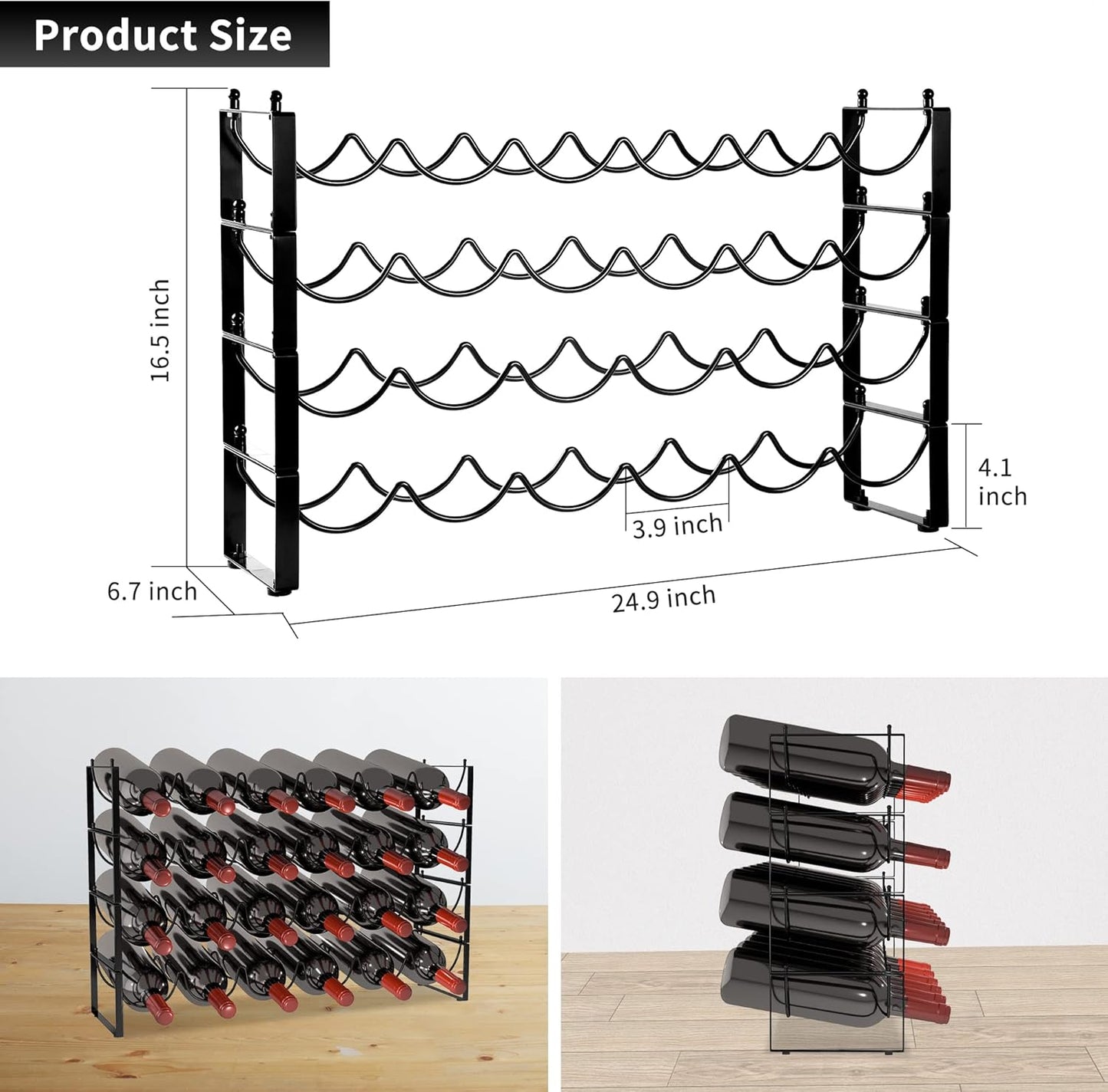 TONLEA 4-Tier Wine Rack - 3-in-1, Stackable, 24-Bottle Wine Storage Rack for Cabinet or Pantry (Dark Black, Version 3.0)