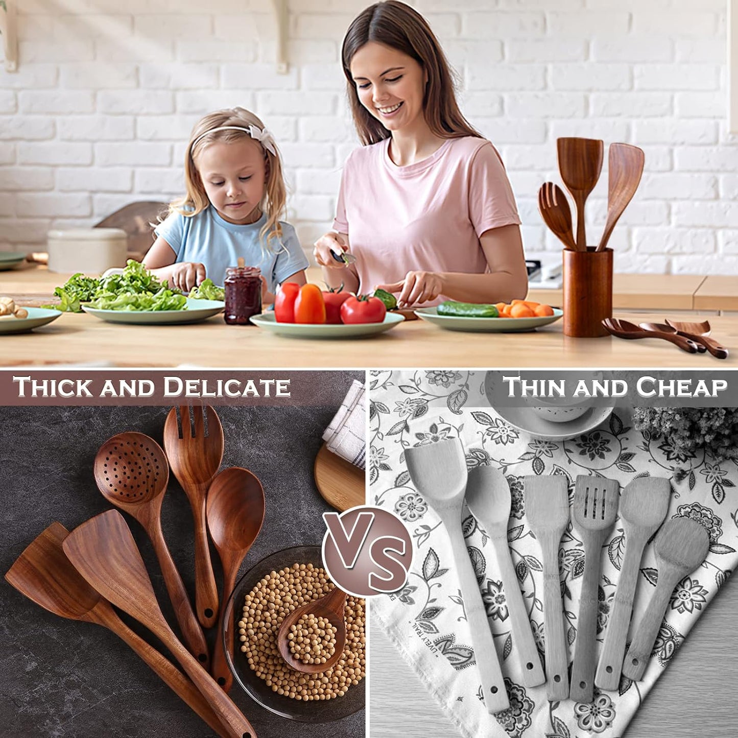 Wooden Spoons for Cooking, 6 Pcs Wooden Utensils for Cooking, Natural Teak Wood Non-Stick Cooking Spoons, Wood Utensils Set for Kitchen