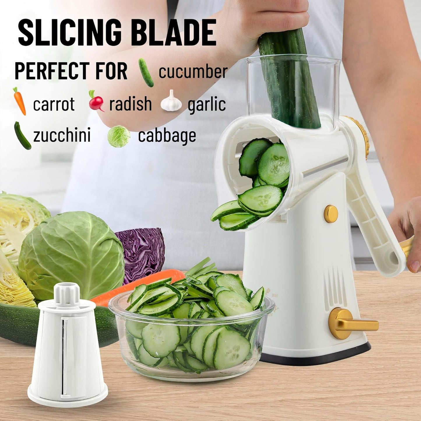 Zulay Kitchen Rotary Cheese Grater 5 Blade Cheese Shredder - Manual Hand Crank Cheese Grater With Reinforced Suction & 5 Interchangeable Drums - Easy to Use, Vegetable Chopper Round Mandoline Slicer