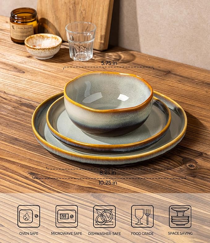 TheTerra Ceramic Dinnerware Sets for 6, 18 Pieces Handmade Reactive Glaze Plates and Bowls Sets, Scratch Resistant Dish Set, Oven & Microwave & Dishwasher Safe, Brown Blue
