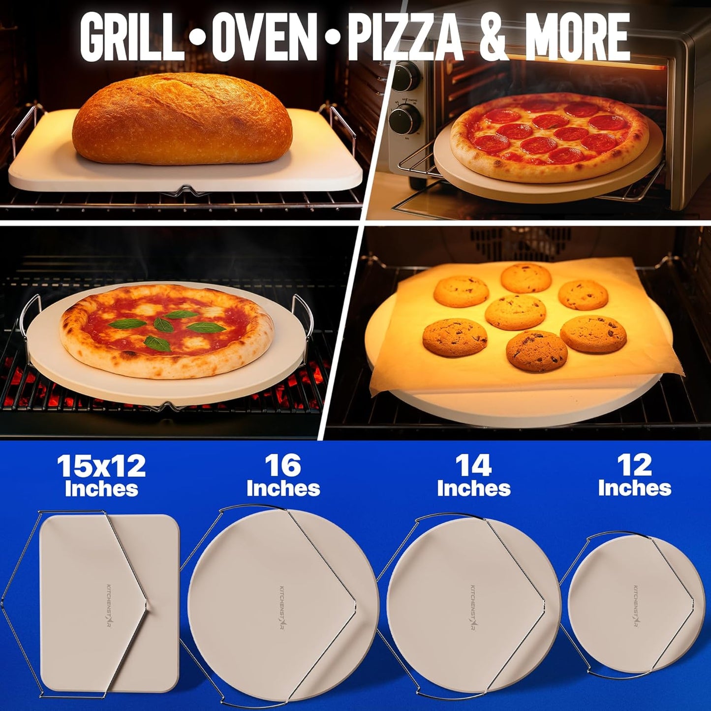 KitchenStar 15x12-inch Pizza Stone for Oven & BBQ Grill with Handles, Rectangular, 5/8" Thick - Natural Cordierite, 1800°F Resistant, Baking Stone Set with Stainless Steel Rack & Plastic Scraper Tool
