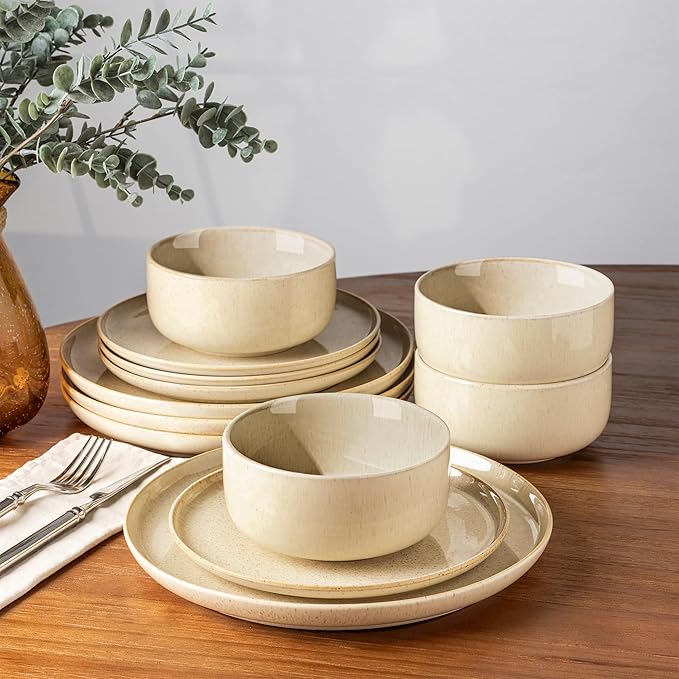 TheTerra Ceramic Dinnerware Sets for 4, 12 Pieces Handmade Reactive Glaze Plates and Bowls Set, Scratch Resistant Dish Set, Oven & Microwave & Dishwasher Safe, Cappuccino