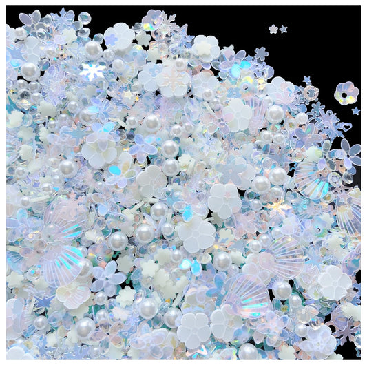 Sequins Holographic Polymer Clay Slices Nail Glitter 3D Holographic Snowflake Shell Butterfly Plum Blossom Nail Sequins Slices Polymer Clay Nail Decals for DIY Nail Decoration (White-51)