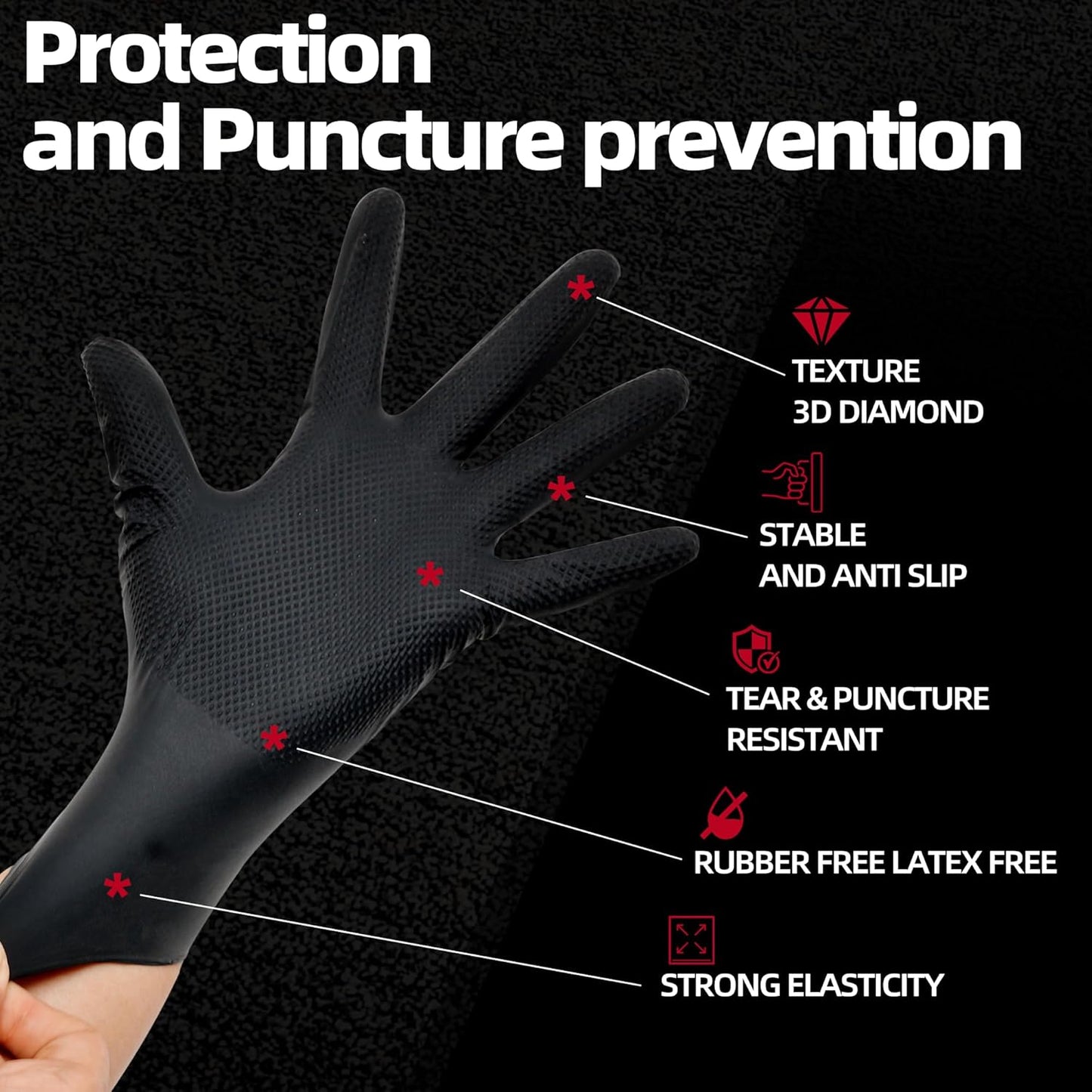 Jointown Basic Heavy Duty Nitrile Gloves, Mechanic Gloves 8 Mil Nitrile Disposable, with Raised Diamond Texture, Case of 500, Black, Large
