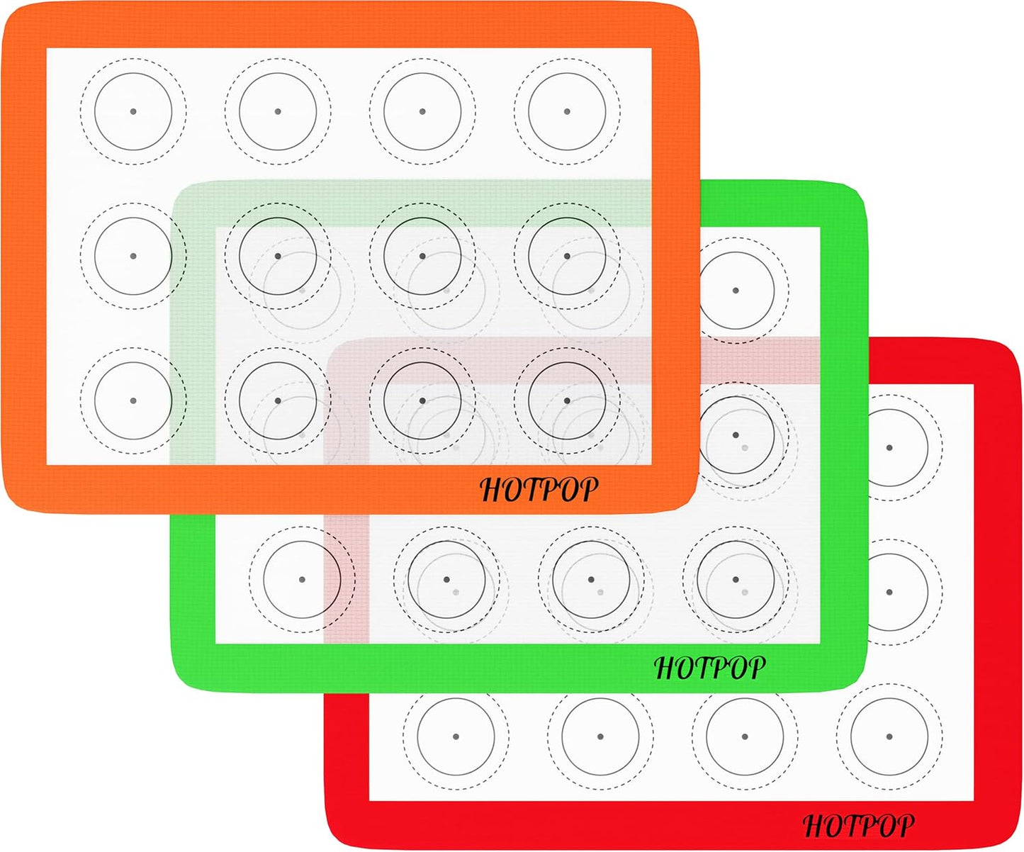 HOTPOP Silicone Baking Mats 0.75mm - Non-Stick Silicone Sheets for Bake Pans and Rolling with Outlines for Pastries - Silicone Baking Sheet - Macaron/Pastry/Cookie/Bun/Bread Making (3 QUARTER SIZE)