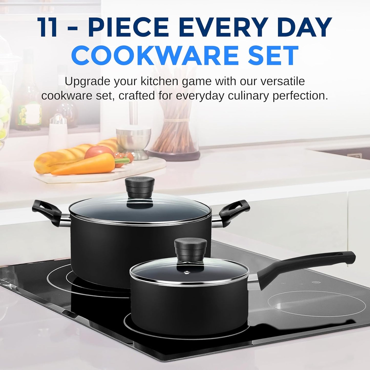 SereneLife Kitchenware Pots & Pans Basic Kitchen Cookware, Black Non-Stick Coating Inside, Heat Resistant Lacquer (11-Piece Set), One Size, Black