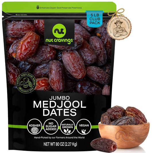 NUT CRAVINGS - Sun Dried Jumbo Medjool Dates, No Sugar Added (80oz, 5 LB) Bulk Dry Fruits Packed Fresh in Resealable Bag - Sweet Healthy Snack, Naturally Grown, Vegan, Kosher